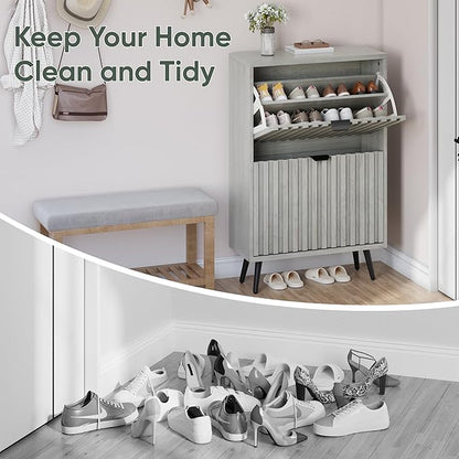 Smuxee Shoe Cabinet with 2 Flip Drawers, 23.6" Grey Hidden Shoe Storage Cabinet with Fluted Design, Freestanding Shoe Organizer Cabinet for Entryway, Hallway, Living Room, Closet