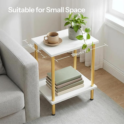 HOOBRO End Tables Set of 2, Small Side Table, Nightstand with 2-Layer Storage Shelves, Sofa Table for Small Spaces, Living Room, Bedroom, Stable Frame, Easy Assembly, White and Gold DW09BZP201