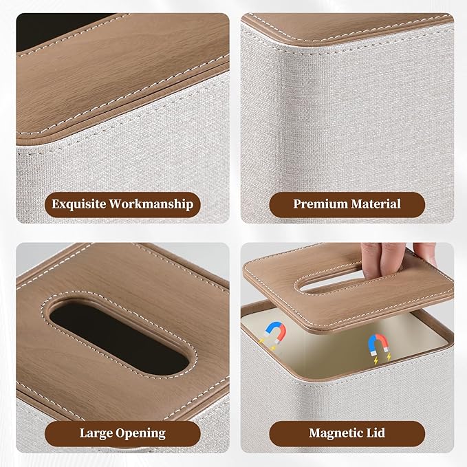 Cretkhp Square Linen Tissue Box Cover with Magnetic Closure, Modern PU Leather Tissue Box Holder for Bathroom Vanity Countertop Night Stands Bedroom Office Desk, Stylish Cube Tissue Holder (Linen)