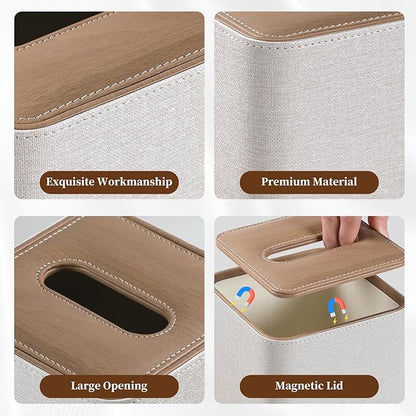 Cretkhp Square Linen Tissue Box Cover with Magnetic Closure, Modern PU Leather Tissue Box Holder for Bathroom Vanity Countertop Night Stands Bedroom Office Desk, Stylish Cube Tissue Holder (Linen)