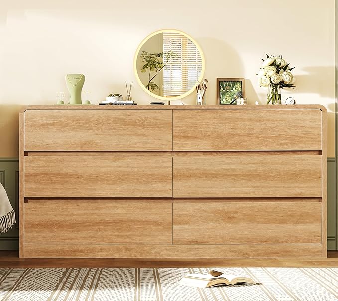 TEENFON 55" Wide Dresser for Bedroom with 6 Drawers, Dressers & Chests of Drawers with Curved Profile Design, Bedroom Dressers, Wood Dressers for Bedroom, Hallway, Natural