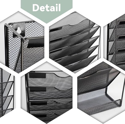 6-Tier Mesh Wall File Holder Organizer with Bottom Flat Tray, Vertical Hanging File Organizer, Office Hanging File Folder Magazine Rack, Nametag Label Hooks Set Included, Black