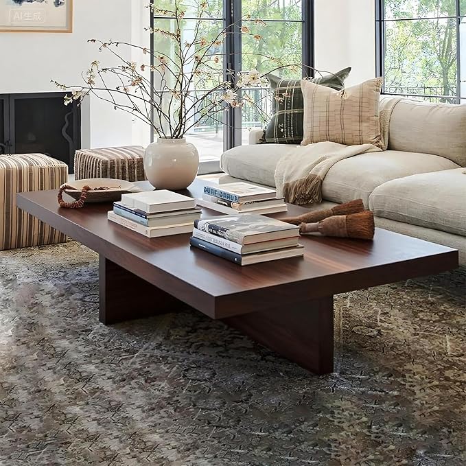 Solid Wood Square Coffee Table 2 Inch Thick Farmhouse Low Minimalist Center Table for Living Room Office
