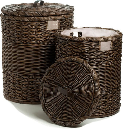 The Basket Lady Round Wicker Laundry Hamper, Extra Large, 23 in Dia x 28 in H, Antique Walnut Brown