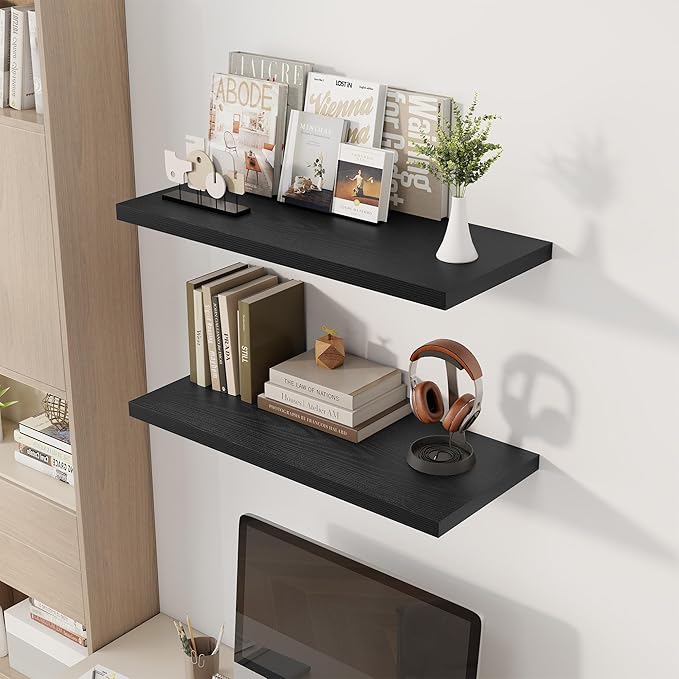 Dreamland 32" Floating Shelves for Wall, 12" Deep Slim Black Floating Shelves, Wall-Mounted Shelves for Bedroom, Living Room, Kitchen, Bathroom - Set of 2