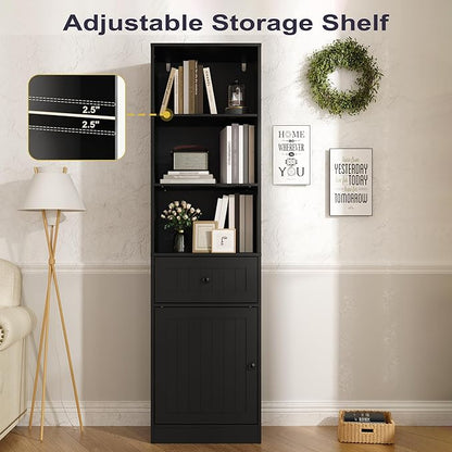 Farmhouse 71" Tall Bookshelf with Drawer, Narrow Bookcase with Adjustable Left/Right Door, Adjustable Shelf, Freestanding Display Book Shelf for Bedroom,Living Room, Office, Black
