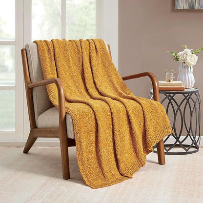 BOURINA Chenille Throw Blanket for Couch Sofa Chair Bed Home Decoration, Soft Warm Cozy Blanket for All Season（50" x 60", Yellow）