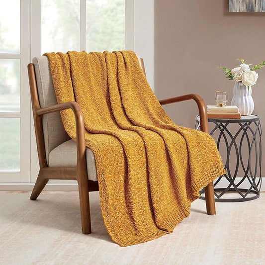 BOURINA Chenille Throw Blanket for Couch Sofa Chair Bed Home Decoration, Soft Warm Cozy Blanket for All Season（50" x 60", Yellow）