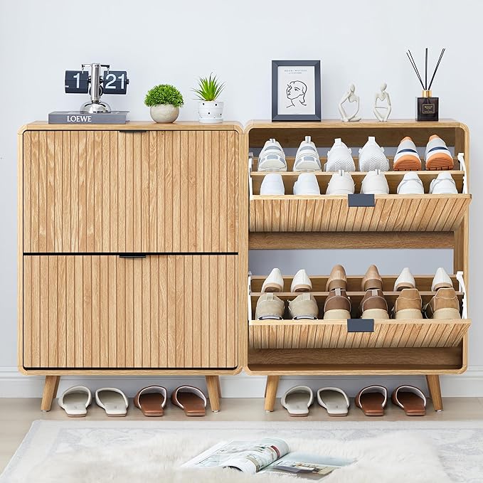 Fluted Shoe Cabinet Storage for Entryway,Slim Shoe Cabinet with 2 Flip Drawers, Narrow Shoes Rack Organizer (All Natural, 2 Drawers)