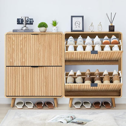 Fluted Shoe Cabinet Storage for Entryway,Slim Shoe Cabinet with 2 Flip Drawers, Narrow Shoes Rack Organizer (All Natural, 2 Drawers)