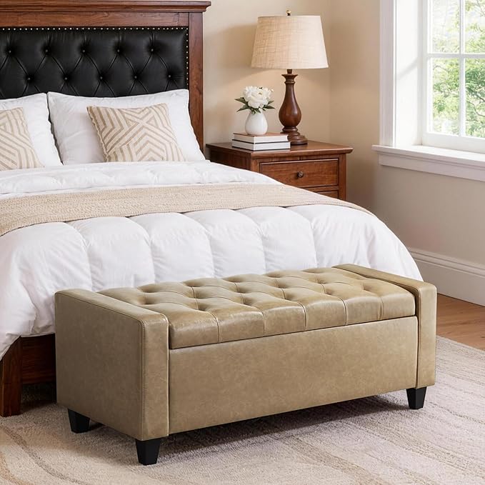 Ottoman with Storage，Storage Ottoman Bench, Storage Bench for Bedroom with Safety Hinge，Bedroom Benches with Seating for Living Room, Entryway (Khaki-PU)