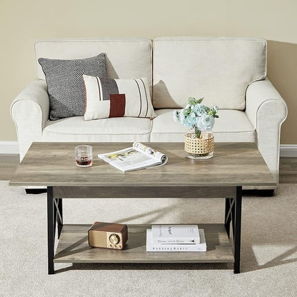 GreenForest Coffee Table with Storage, 43 inch Large Modern Coffee Tables for Living Room, X-Frame Design Farmhouse Coffee Table Space Saving Living Room Tables, Easy Assembly, Grey Wash