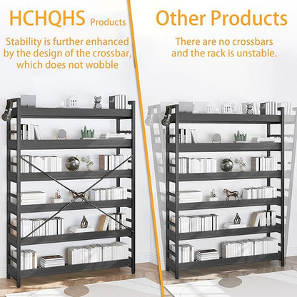 HCHQHS 6 Tier Bookshelf, Adjustable Industrial Bookcase, Vertical Tall Book Shelf, Wood and Black Metal Open Bookshelves for Home Office, Living Room, Bedroom