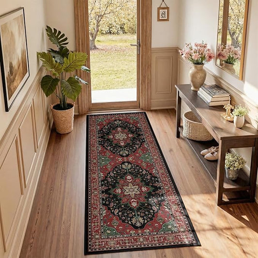 RELEANY Area Rugs Runner 2'x5' Washable Non-Slip, Floral Vintage Distress Medallion Carpet for Kitchen Hallway Bedroom Beside Laundry Room Bathroom, Red Black