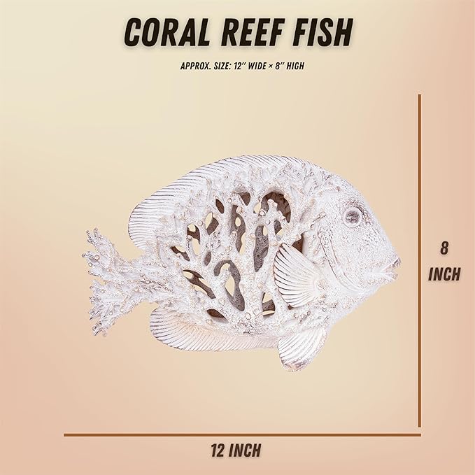 Coral Reef Fish Figurine Nautical Home Decor White Accent Centerpiece Coastal Tabletop Collection 12 1/2 Inch Sculpture