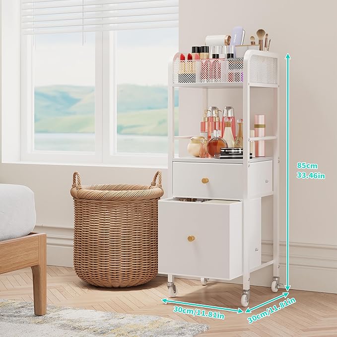 HapiRm Rolling Makeup Cart Organizer - Floor Skincare Make Up Storage with 2 Non-woven Fabric Drawers, Vanity Organizer Cosmetic Display Cases Holder for Skin Care Perfume Nail Polish Brush Hair Tool