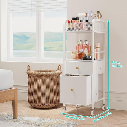 HapiRm Rolling Makeup Cart Organizer - Floor Skincare Make Up Storage with 2 Non-woven Fabric Drawers, Vanity Organizer Cosmetic Display Cases Holder for Skin Care Perfume Nail Polish Brush Hair Tool