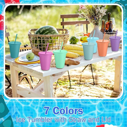 Sieral 15 Pack Cups with Straws and Lids Kids Tumbler with Straw Reusable Water Bottle Iced Coffee Travel Mug Adults Plastic Cups for Parties 16 oz (Macarons Colors)