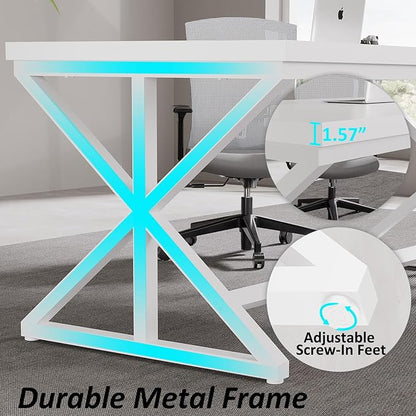 IBF Modern White Computer Desk, Industrial Long Home Office Desk for Student, Large Metal Wood Writing Study Work Desks, Farmhouse Executive Gaming Computer Table for Bedroom Living Room, White, 60 In