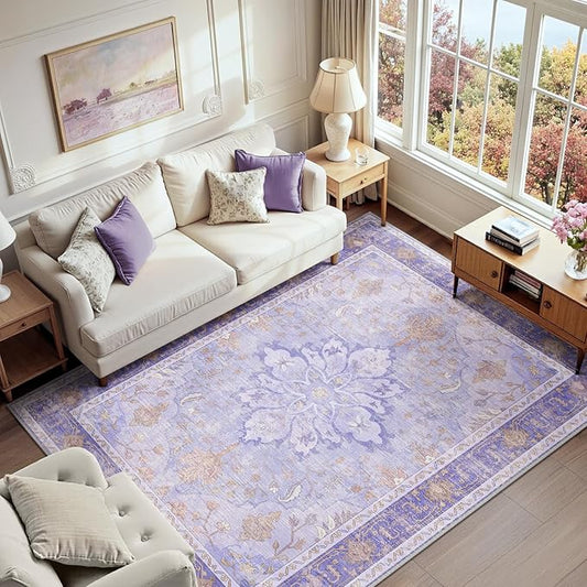 RELEANY Area Rugs 7'x9' Washable Non-Slip, Floral Vintage Distress Medallion Carpet for Living Room Bedroom Dining Room, Light Purple Brown