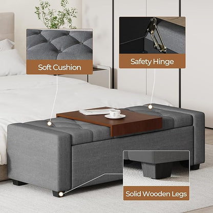 Storage Ottoman Bench with Tray,Large Entryway Ottoman with Storage, Rectangular Bench with Cushion and Safety Hinge for Living Room Bedroom
