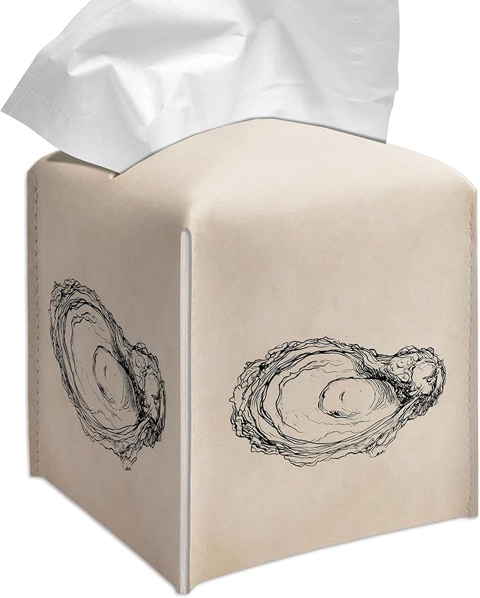 Grace Yonks Minimal Tissue Box Cover Square - Oyster Line Art Design 5.2" PU Leather Holder for Vanity, Desk, or Bathroom Counter - Cube Case for Facial Tissues. (112)