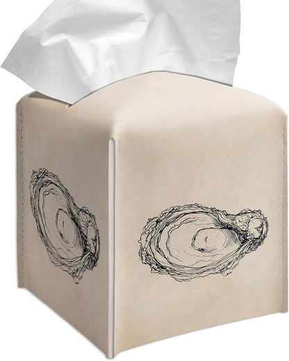 Grace Yonks Minimal Tissue Box Cover Square - Oyster Line Art Design 5.2" PU Leather Holder for Vanity, Desk, or Bathroom Counter - Cube Case for Facial Tissues. (112)