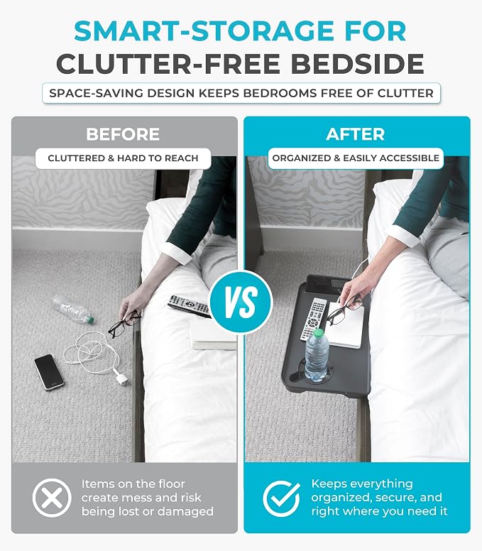 Stander Wonder Bedside Shelf, Bedside Caddy Organizer & Bunk Bed Shelf, Space-Saving Floating Nightstand for Seniors & Dorm Rooms, Bedside Tray Table with Phone Holder, Cup Holder & Cable Organizer