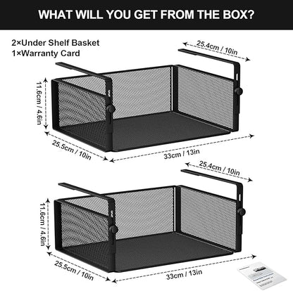 AmonHouseware 2Pack Under Shelf Basket Organizer,Adjustable Hanging Holder for Cabinet Pantry Kitchen Cupboard Desk Counter Bookshelf Organization Add-on Space Saver Heavy Duty Slide-in (Black, Large)
