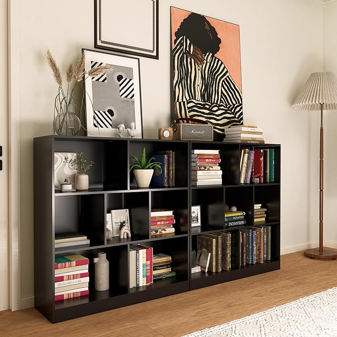 Black Bookshelf, Wooden Bookshelf with Base, Cube Storage Organizer, Bookcase for Living Room,Bedroom,Study and Office(Black, 7-Cube)
