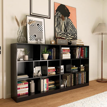 Black Bookshelf, Wooden Bookshelf with Base, Cube Storage Organizer, Bookcase for Living Room,Bedroom,Study and Office(Black, 7-Cube)