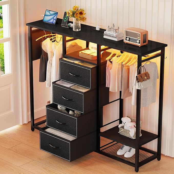 Dresser with Hanging Clothes Rack, 4 Drawers Dresser for Bedroom with LED Lights and Charging Station, Fabric Storage Chest of Drawers for Closet with Clothes Rack Bedroom Kid’s Room, Metal, Black