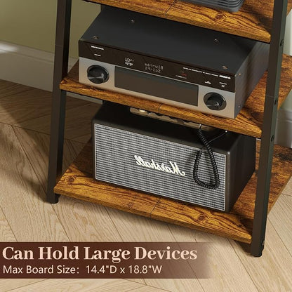 4-Tier AV Media Stand with 2 Hooks,Heavy Duty Stereo Cabinet Furniture-Large Stereo Rack and Game Console Stand,Wooden Record Player Stand,Audio Stand Perfect for DVD Players/Game Console/TV Box/Xbox