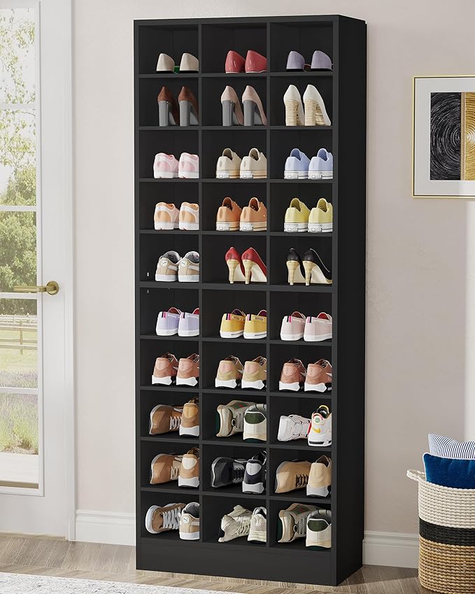 Tribesigns 10-Tier Shoe Storage Cabinet Set of 2, Black Wooden Shoe Rack with 30 Cubbies, Freestanding Tall Entryway Shoe Organizer for Closet, Entryway, Living Room