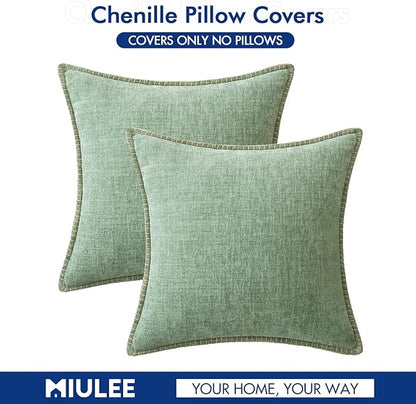 MIULEE Pack of 2 Summer Throw Pillow Covers 18x18 Inch Greyish Green Farmhouse Decorative Pillow Covers with Stitched Edge Soft Chenille Solid Dyed Pillow Covers for Couch Sofa Bed Living Room