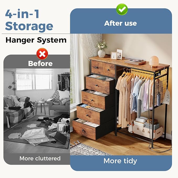 OLIXIS 6 Storage for Bedroom with Hanging Rack with LED Lights & Charging Station, Fabric Chest of Storage with Rack, Wooden Top, for Home Living Room Entryway Oak Greige
