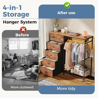 OLIXIS 6 Storage for Bedroom with Hanging Rack with LED Lights & Charging Station, Fabric Chest of Storage with Rack, Wooden Top, for Home Living Room Entryway Oak Greige
