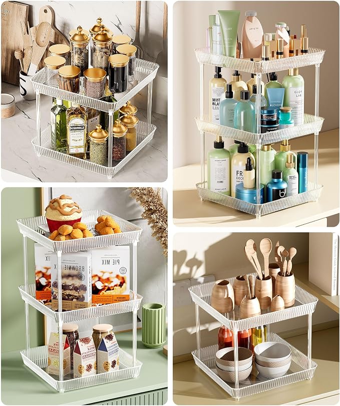 2 Tier Lazy Susan Bathroom Countertop Organizer, 360° Clear Rotating Square Storage Tray, Cosmetics and Perfume Organizer, Spinning Storage Tray Vanity Organizer Shelf for Bathroom Cabinet, Kitchen
