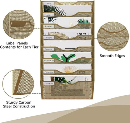EasyPAG 8 Pocket Mesh Wall File Organizer, Hanging Paper Folder Holder with Classify Label, Vertical Wall Mount Mail Organizer for Office Home Classroom, Gold