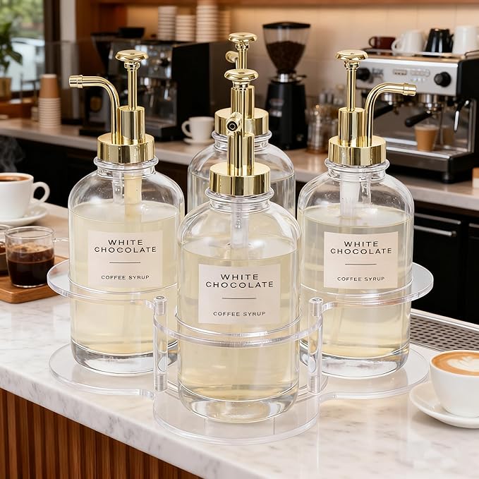 IEEK Rotating Coffee Syrup Organizer,Syrup Bottle Holder for Syrup Dispenser 16.9oz,Clear Acrylic Coffee Syrup Rack for Coffee Bar Station Countertop,Coffee Syrup Turntable Tray
