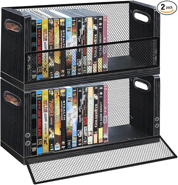 DVD Storage Box, 2 Pack Holds 56 DVDs (28 Each), Stackable Wood & Metal Organizer with Magnetic Opening Door for Blu ray, CDs, Video Game Cases, VHS Tapes