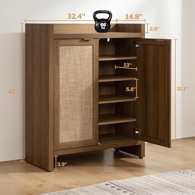 SICOTAS Shoe Cabinet Set of 3, Large Capacity Shoe Storage Organizer Cabinet, Tall Rattan Shoe Cabinet with Doors and Shelves, 6-Tier Farmhouse Boho Wooden Storage Cabinet for Entryway Hallway