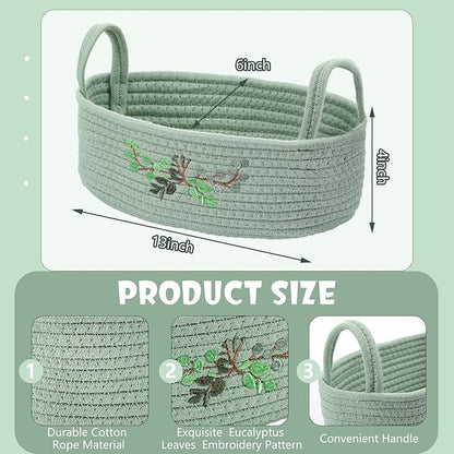 Vesici Eucalyptus Toilet Paper Basket Green Leaves Woven Cotton Rope Basket for Toilet Tank Top Botanical Bathroom Countertop Organizer for Bedroom Nursery Organizing, 13 x 6 x 4 Inch