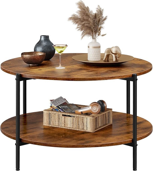 WLIVE Round Coffee Table, 32.6" Small Coffee Table with Storage Shelf, 2-Tier Circle Wood Center Table for Living Room, Apartment, Rustic Brown