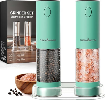 ThermoMaven Electric Salt and Pepper Grinder Set, 110ml Larger Rechargeable Automatic Salt and Pepper Mill Grinder with 6 Adjustable Coarseness, Electric Salt and Pepper Shakers, LED, Mint Green