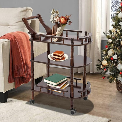 3 Tier Rolling Bar Cart, Home Bar Serving Cart, Brown Wood Mobile Bar Cart Serving Cart with Practical Handle, Multifunctional Utility Cart, for Hotels, Living Rooms, Offices, Kitchens