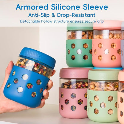 MICEBAY 16oz Overnight Oats Containers with Silicone Sleeves, 4-Pack Wide Mouth Glass Mason Salad Jars with Airtight Lids, BPA-Free Dishwasher Safe Leak-Proof Chia Seed Pudding Jar Meal Prep Container