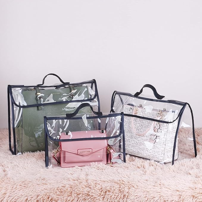 Univivi 6 Pack Dust Bags For Purses and Handbags,Clear Dust Covers Bag Organizer Closet Organizer System,Bedroom Handbag Organizer, With Magnet Button & Leather Handle (3 Size)