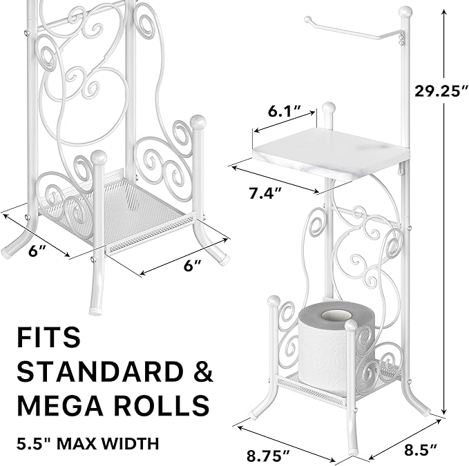 Simple Houseware English Style Bathroom Toilet Tissue Roll Holder Stand with Shelf, Marbled White