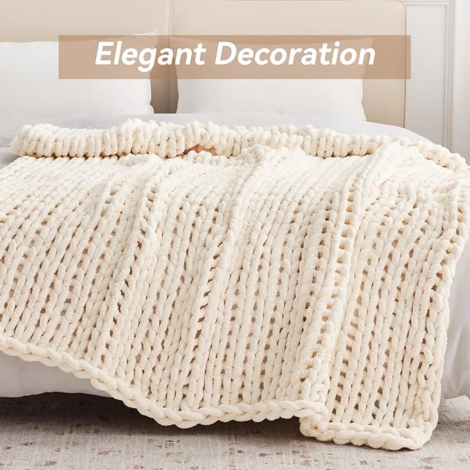 Negwoo Chunky Knit Throw Blanket, 60''*80'' Knitted Throw Chenille Yarn for Bed Couch, Handmade Cream Crochet Big Thick Blanket, Machine Washable Cute Comfy Blanket for Home Decor